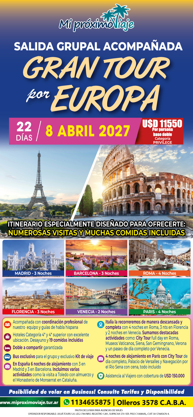 GRAN TOUR por EUROPA  SALIDA GRUPAL ACOMPAÑADA 8 DE ABRIL 2027